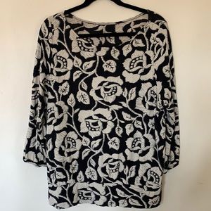 Blouson-style. Black and cream floral knit top - XL